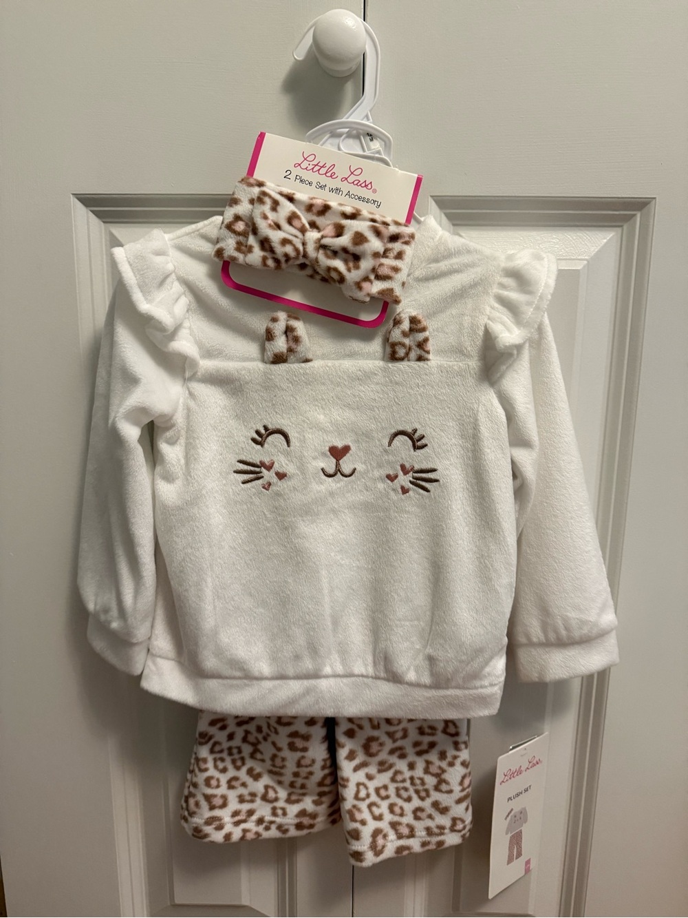 Little Lass White & Leopard Print Plush Kids Set with Headband 12 month